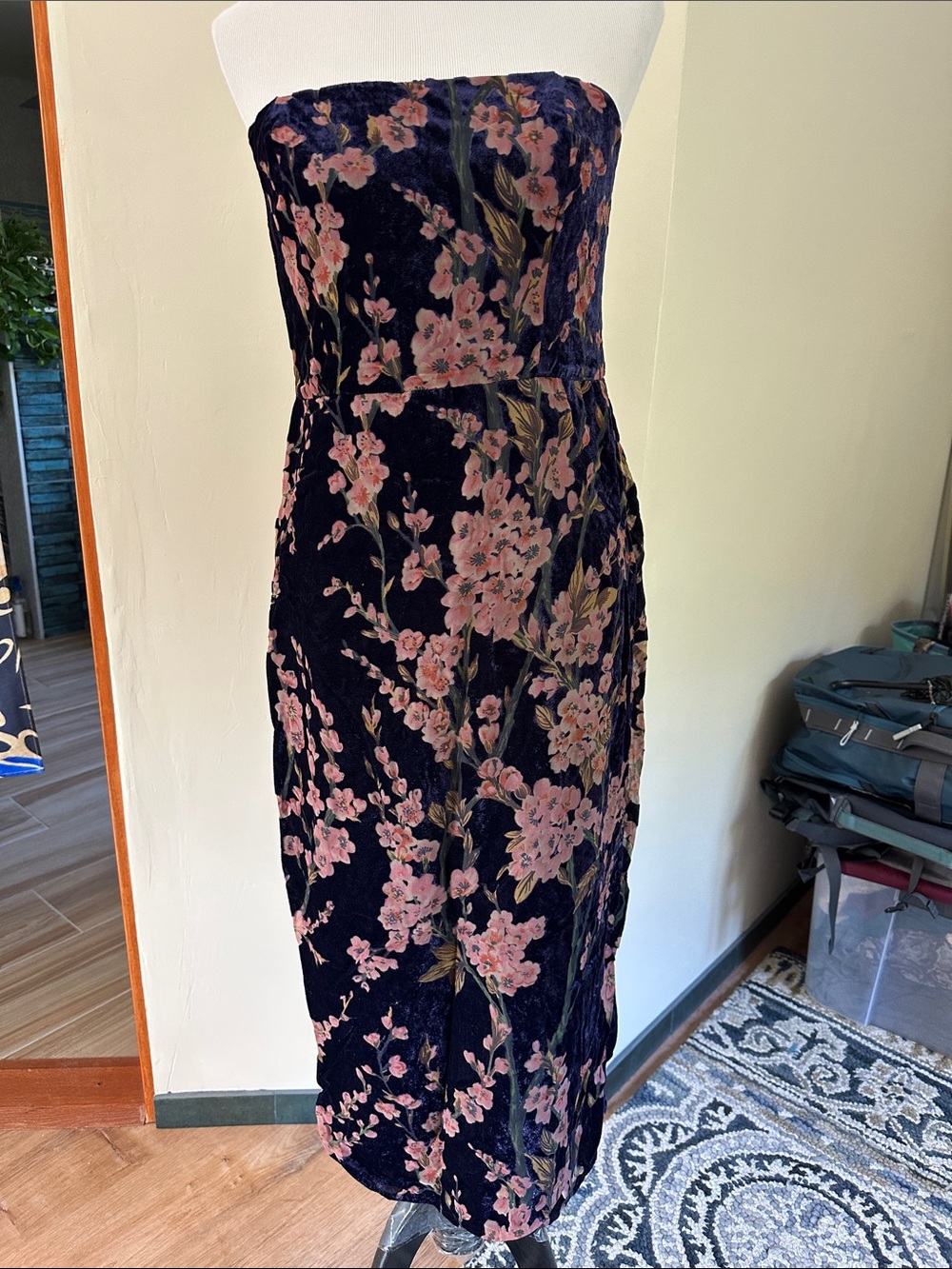 Lulu's Navy Strapless Floral Midi Dress with Pink Blossoms